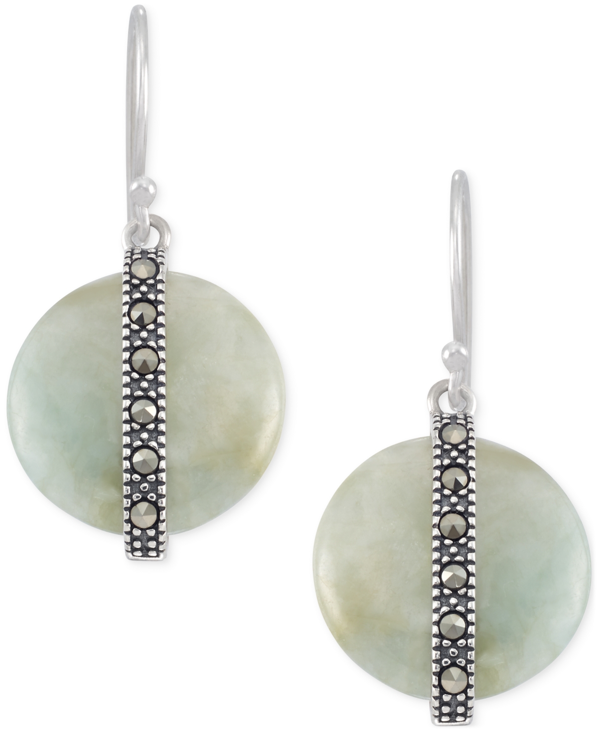 Macy's Jade & Marcasite Vertical Bar Circle Drop Earrings In Sterling Silver In Jade