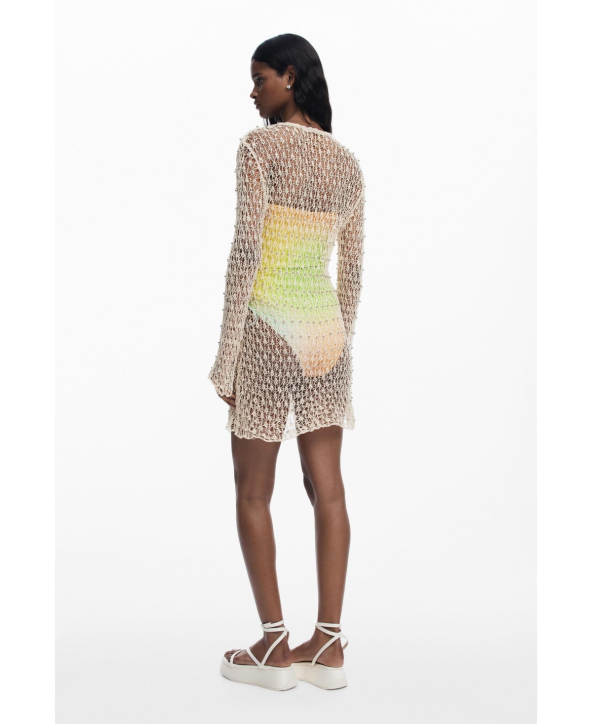 Desigual Beaded Long Sleeve Cotton Blend Crochet Cover-up Dress In Light Beige