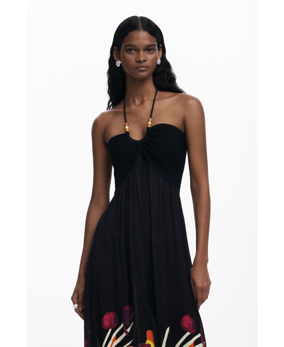 Desigual Beaded Mixed Media Maxi Cover-up Sundress In Black