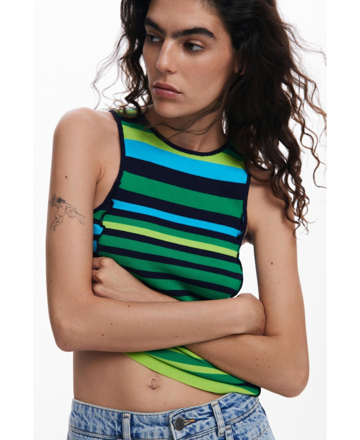 Desigual Striped T-shirt With Trim In Bluish Green