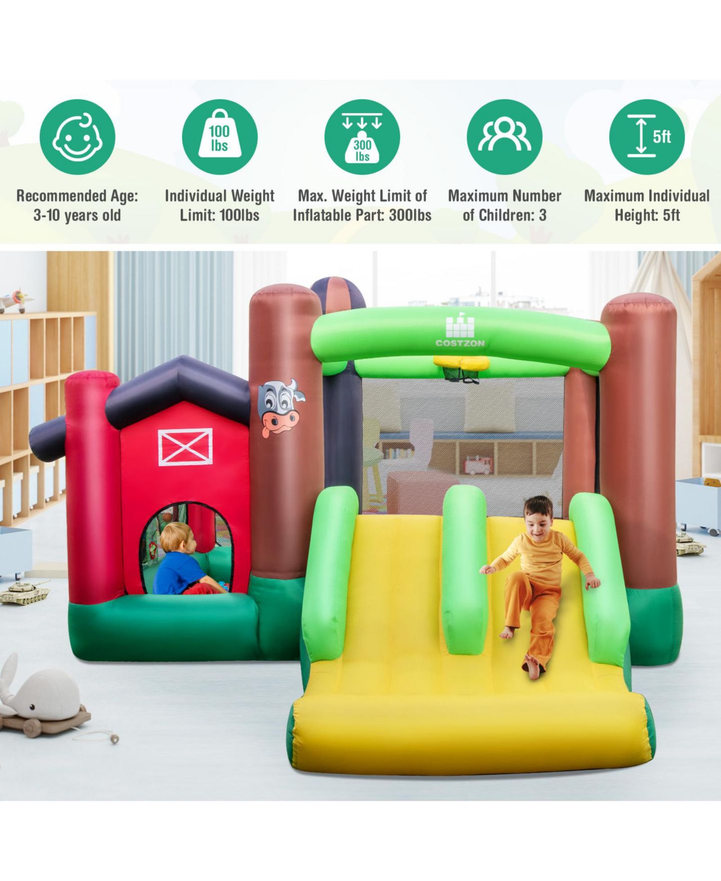 Детские игрушки Slickblue Farm Themed 6-in-1 Inflatable Castle with Dual Slides & Splash Pool, от 3 лет, цвет: Зелёный — фото 8