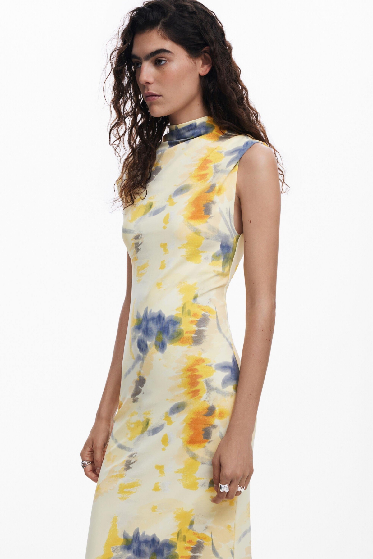 Desigual Blurred Floral Midi Dress In Yellow