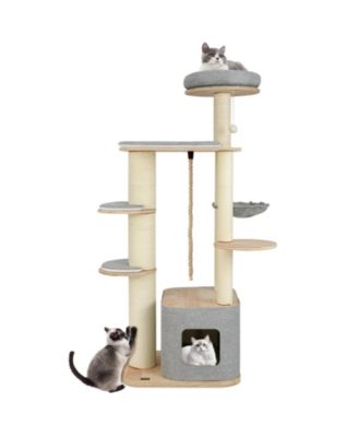Modern Wooden Cat Tree with Perch, Condo & Hammock Stylish & Cozy Play Tower for Cats