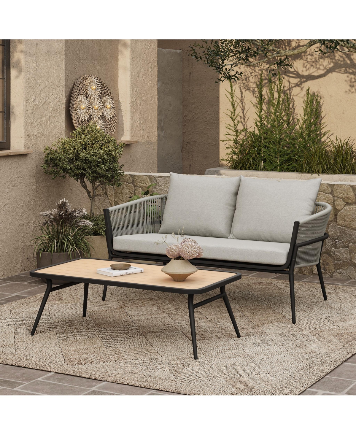 Luxenhome Outdoor Aluminum With Pe Rattan Loveseat Sofa With Cushions And Coffee Table Set In Black,gray,natural
