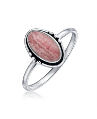 Western Boho Delicate Bezel Set Oval Cabochon Natural Rose Pink Rhodochrosite Turquoise Moonstone Ring 1mm Thin Band Oxidized .925 Sterl