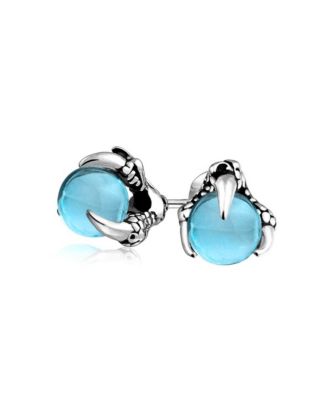 Gothic Punk Rocker Dragon Claw Stud Earrings Aqua Blue Ball Silver Tone