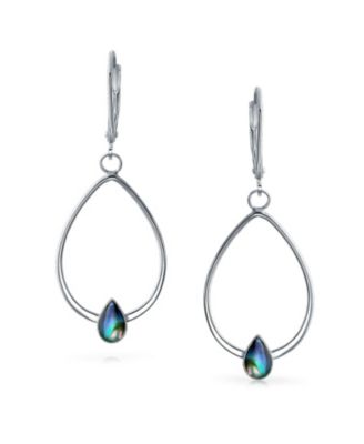 Boho Geometric Thin Open Oval Abalone Opal Hoop Dangle Earrings .925 Sterling Silver
