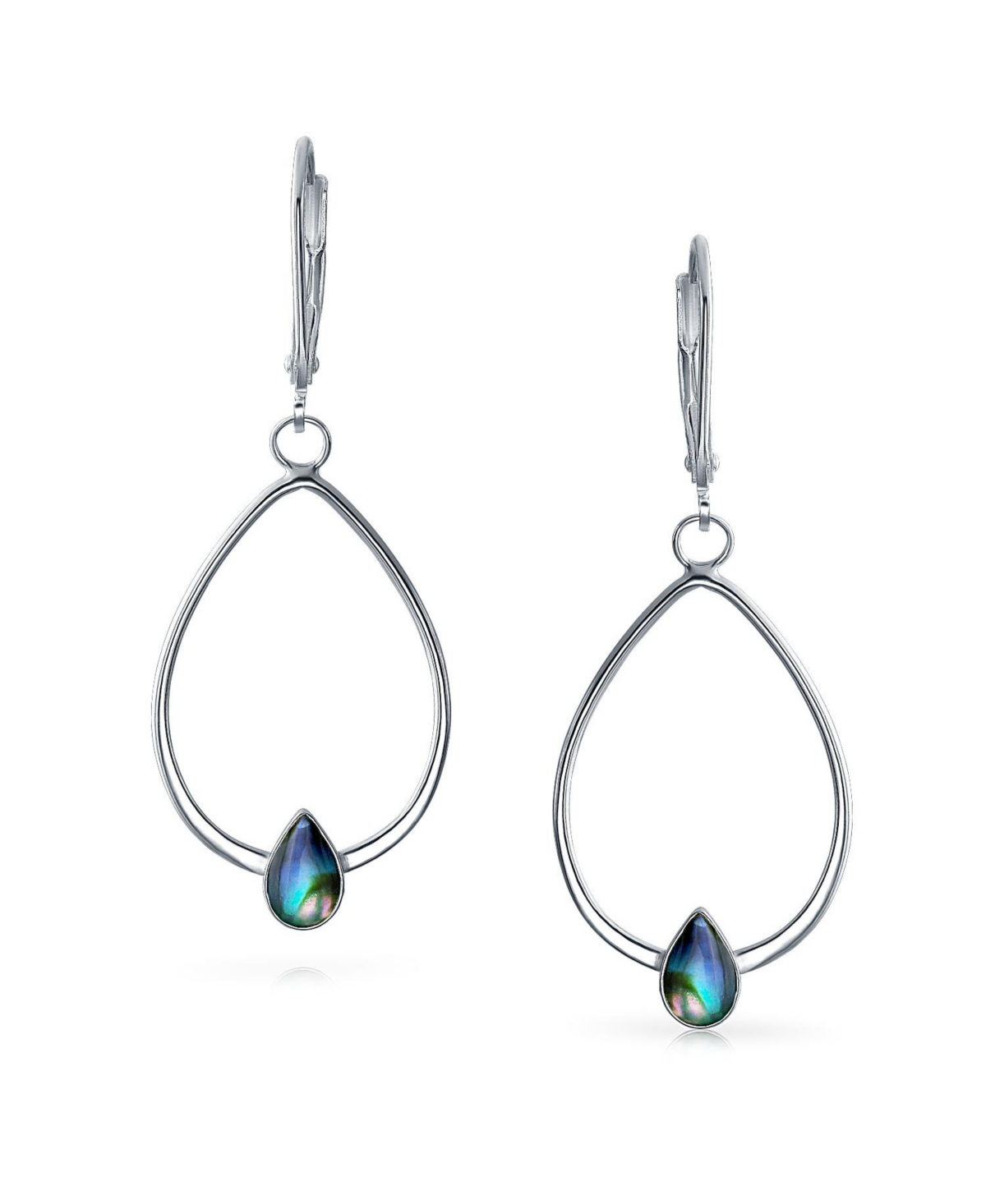 Bling Jewelry Boho Geometric Thin Open Oval Abalone Opal Hoop Dangle Earrings .925 Sterling Silver