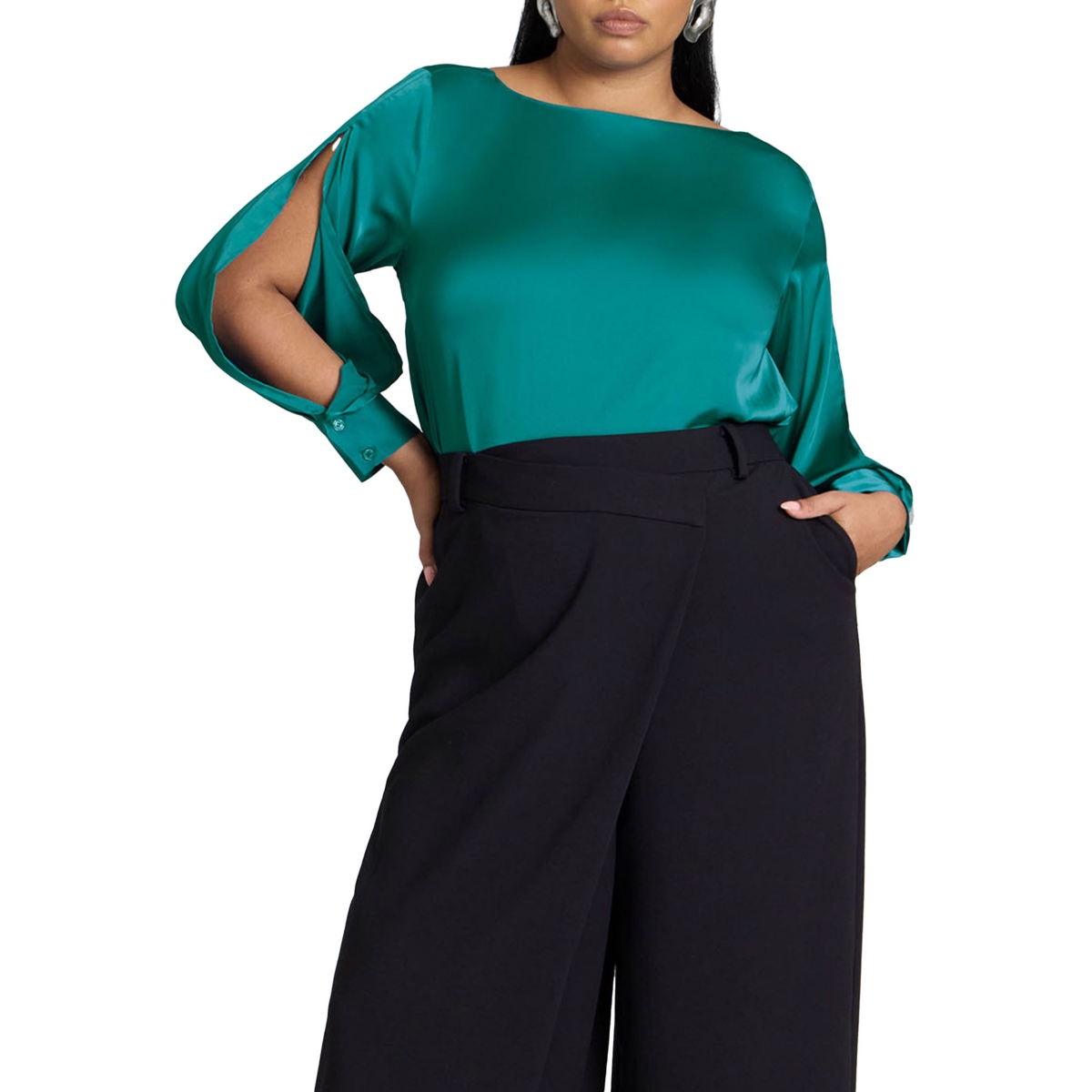 Plus Size Boat Neck Blouse With Sleeve Slits - Subdued peacock
