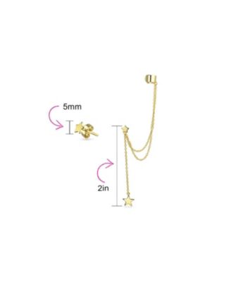 USA Patriotic Star Double Chain Ear Lobe Cartilage Clip On Ear Cuff Wrap Stud Earring Set Plated Sterling