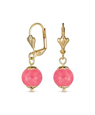 Classic Elegant Simple Round Natural Stone Dangle Lever Back Drop Ball Earrings Polished Plated Brass