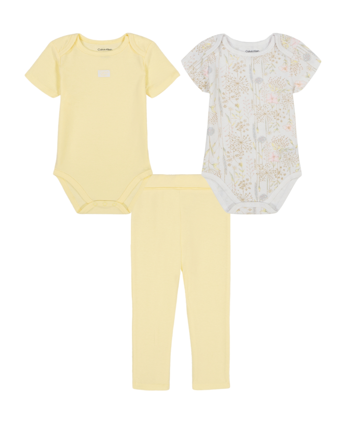 Calvin Klein Baby Girls 3-Piece Floral Pointelle Bodysuits and Leggings Set - White, Double cream