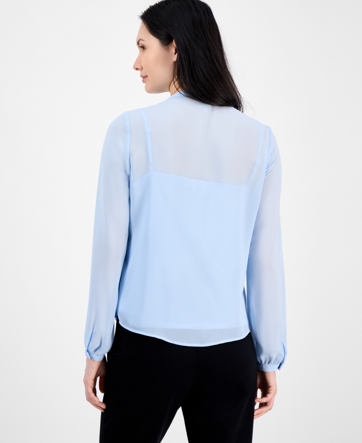 Anne Klein Ruffle Front Chiffon Blouse In Opal Blue