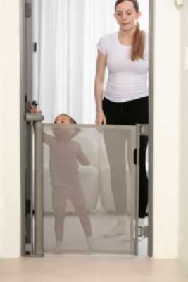 Retractable Baby Gate Gray for Stair and Doorway, 33" Tall Extends up to 55" Easy-to-Install Gray Retractable Mesh Baby Gate, Hardware Mounting Kit