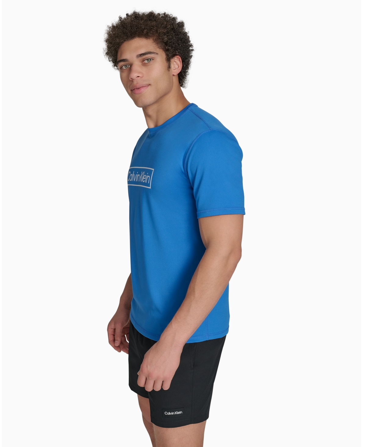 Shop Calvin Klein Men's Logo Short-sleeve Swim Rash Guard In Medium Blue