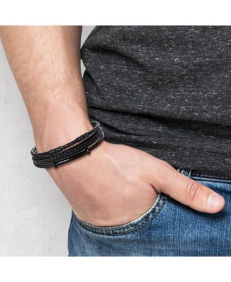 Stainless Steel Triple Row Black Cord Bracelet - 8.25"