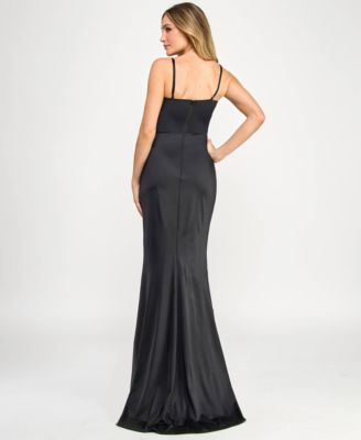 Juniors' Beaded Side-Slit Gown