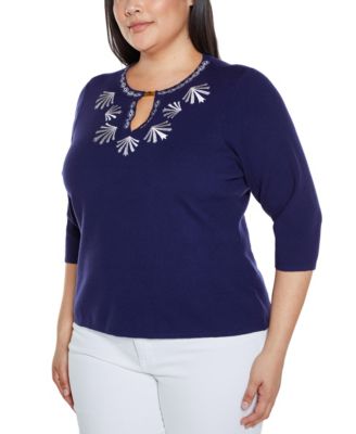 Plus Size Black Label Embroidered Split-Neck Sweater