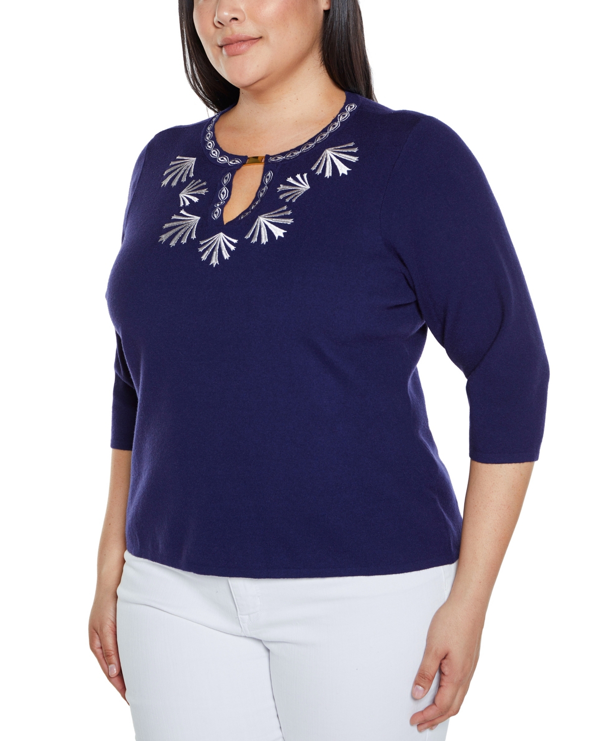 Shop Belldini Plus Size Black Label Embroidered Split-neck Sweater In Twilight Blue