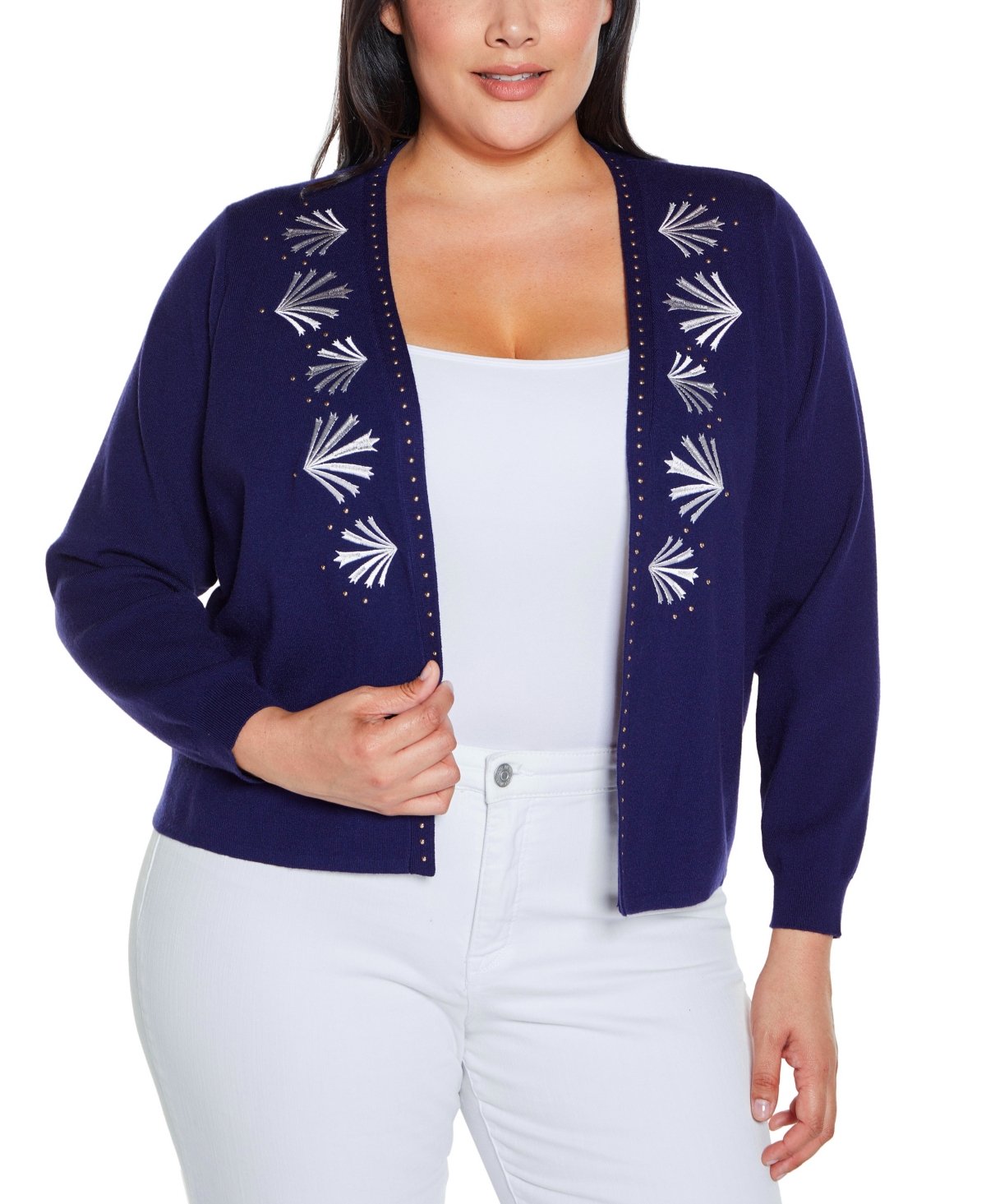 BELLDINI PLUS SIZE BLACK LABEL EMBROIDERED DROP-SHOULDER OPEN-FRONT CARDIGAN SWEATER 