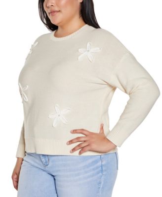 Plus Size 3D Floral Crewneck Trim Sweater
