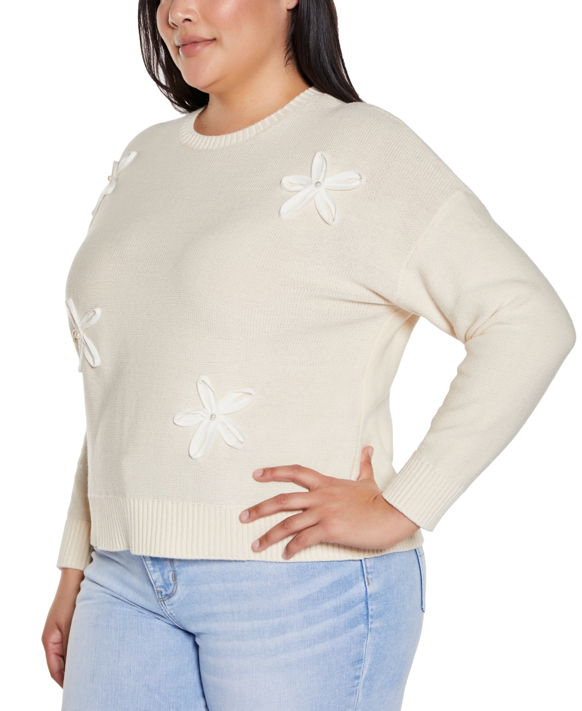 BELLDINI PLUS SIZE 3D FLORAL CREWNECK TRIM SWEATER 