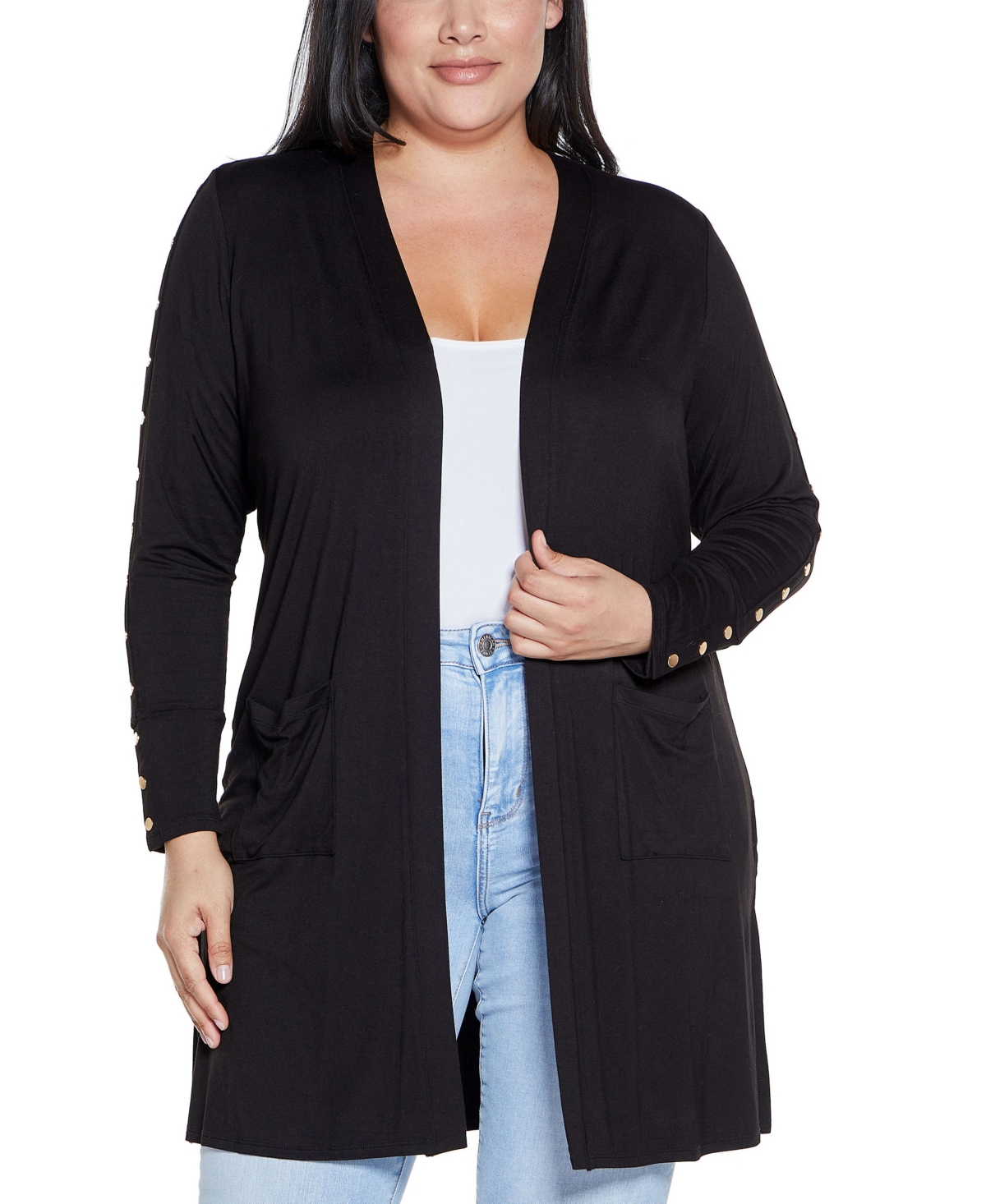 BELLDINI PLUS SIZE BLACK LABEL EMBELLISHED SLEEVE KNIT OPEN CARDIGAN SWEATER 