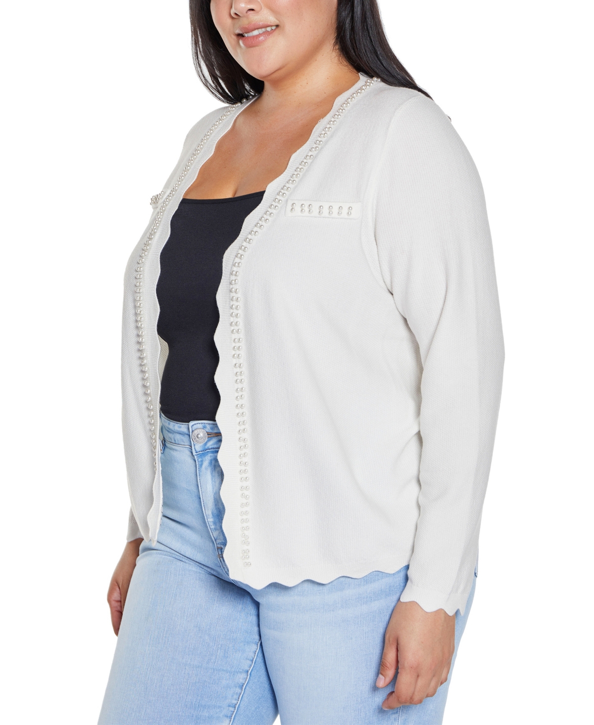 BELLDINI PLUS SIZE BLACK LABEL CULTIVATED-PEARL-TRIM OPEN CARDIGAN SWEATER 