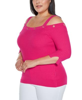 Plus Size Black Label  Rhinestone Grommet Cold-Shoulder Sweater