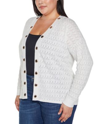 Plus Size Black Label Pointelle and Grommet Open Cardigan Sweater
