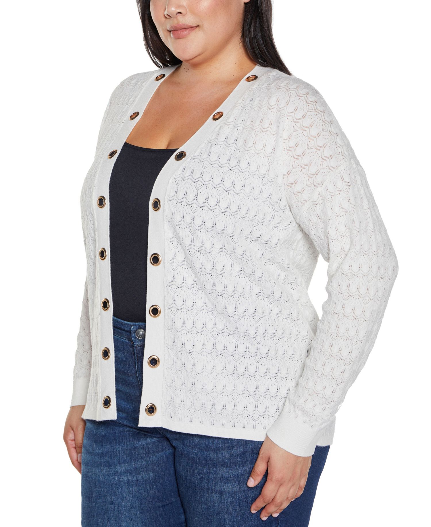 Plus Size Black Label Pointelle and Grommet Open Cardigan Sweater