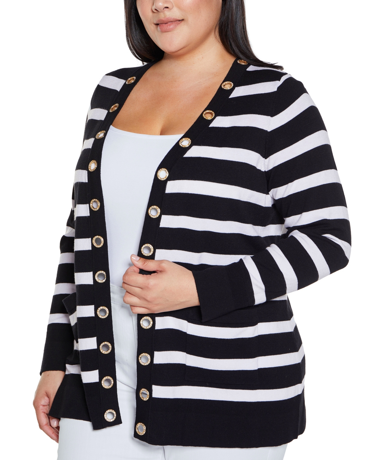 BELLDINI PLUS SIZE BLACK LABEL RHINESTONE GROMMET STRIPED OPEN-FRONT CARDIGAN SWEATER 