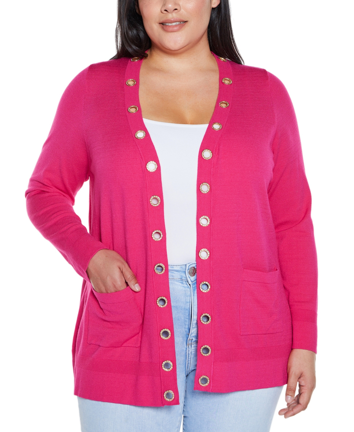 BELLDINI PLUS SIZE BLACK LABEL RHINESTONE GROMMET OPEN-FRONT CARDIGAN SWEATER 