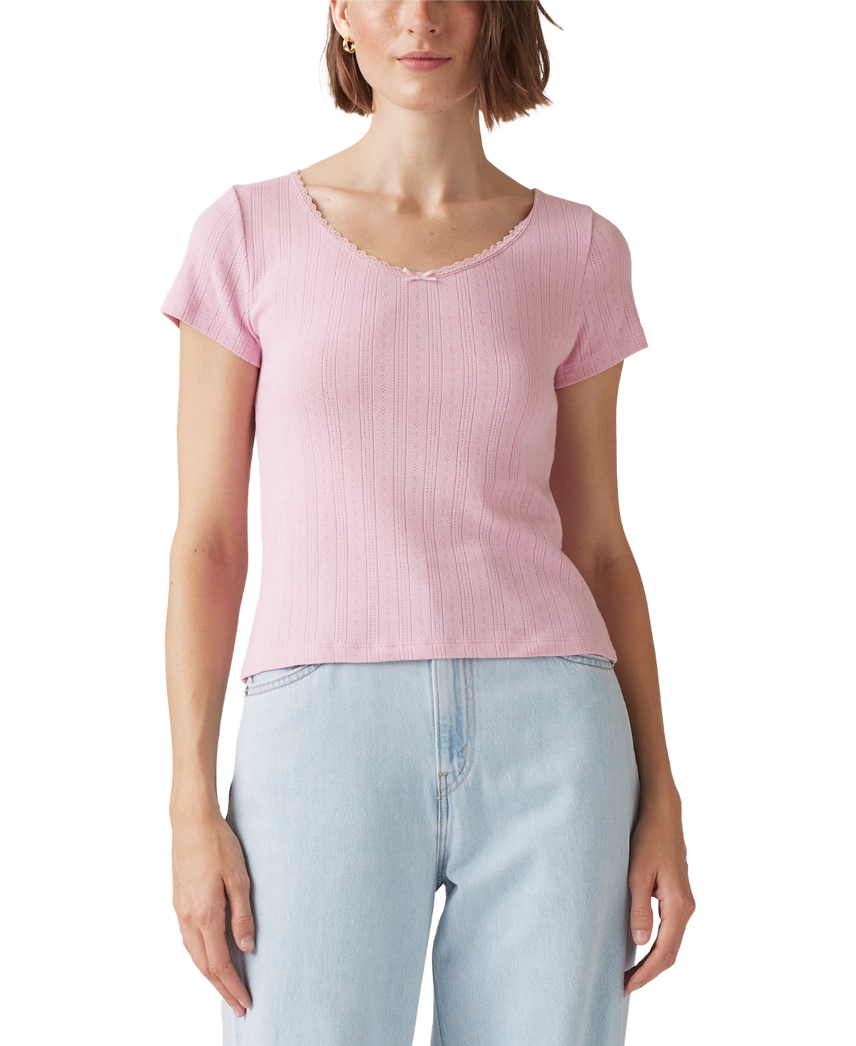 Women's Sweetie Cotton V-Neck Pointelle Top - Isabel Floral Cameo Pink