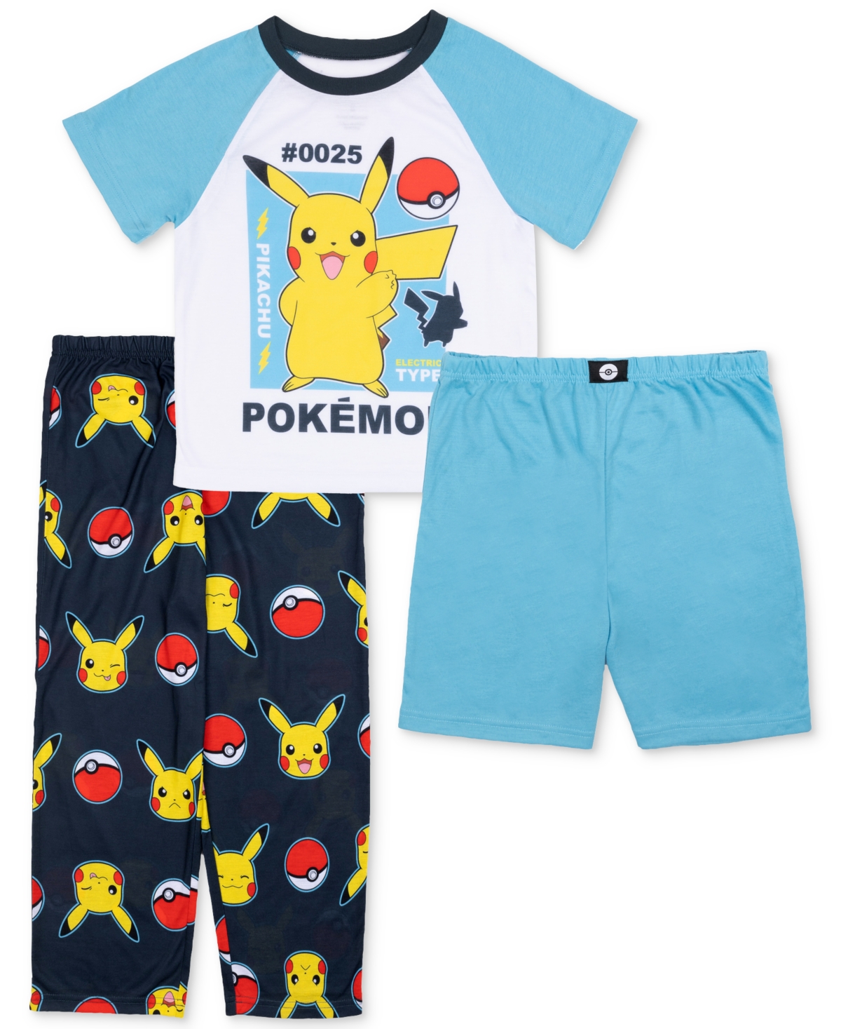 Pokémon Little & Big Boys Short-sleeve Pajama Top, Shorts & Pants, 3 Piece Set In Assorted