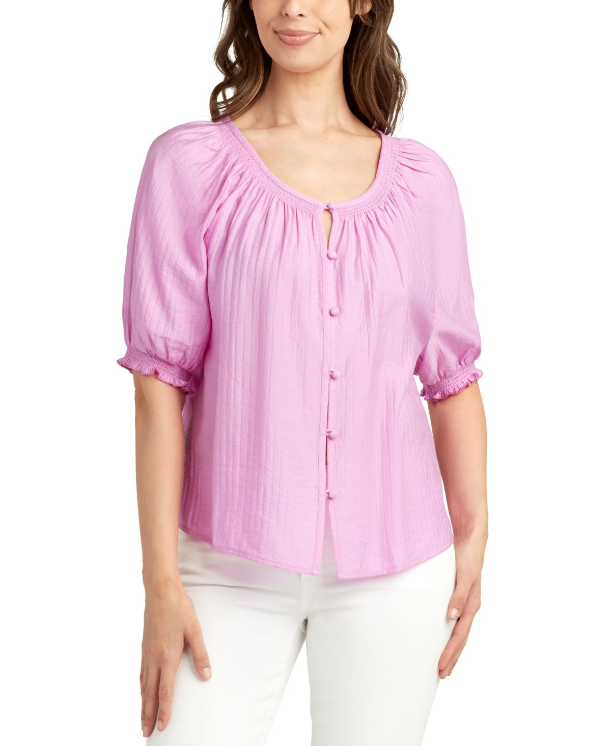 Juniors' Puff-Sleeve Button-Front Knit Top - Orchid