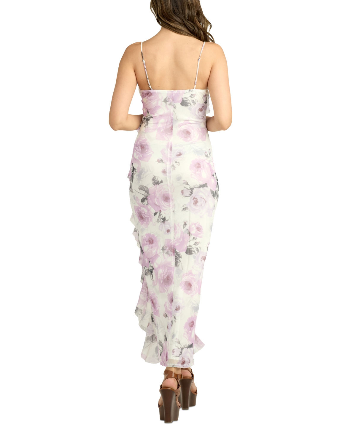 BCX JUNIORS' CASCADE RUFFLED SLEEVELESS FLORAL DRESS 
