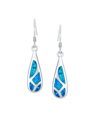 Boho Long Linear Iridescent Rainbow White Created Opal Teardrop Bar Shaped Dangle Earrings Rose Gold .925 Sterling Silver