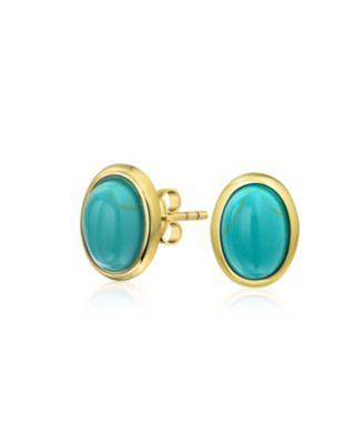 Onyx Turquoise Bezel Set Dome Button Oval Stud Earrings Gold Plated Sterling Silver