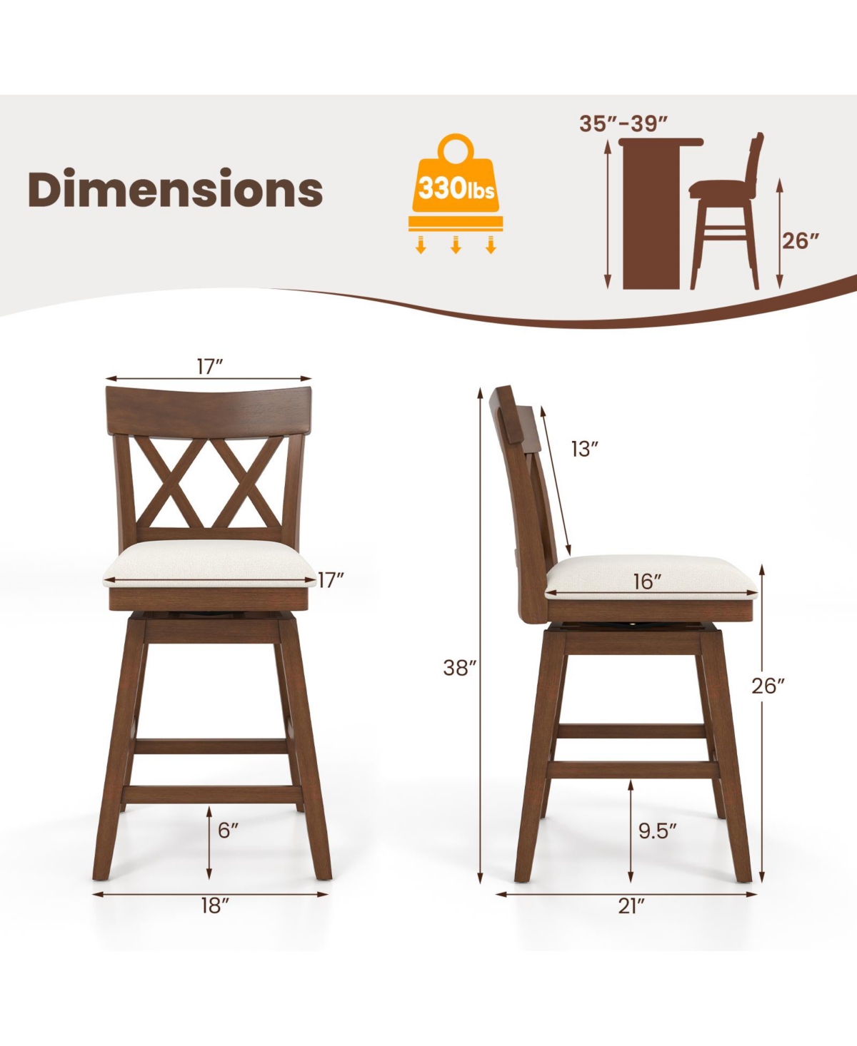 Bar Stool with Contoured Backrest and Swivel Padded Seat