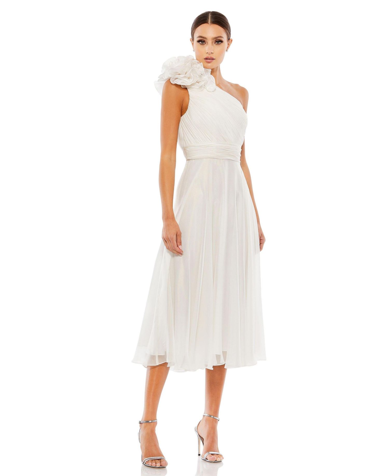 Women's Rosette One Shoulder Tea Length Dress