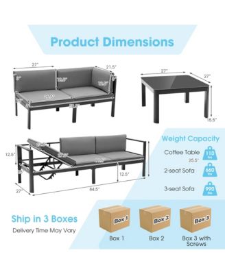 3PCS Patio Furniture Set Aluminum Lounge Adjust Back Recliner Sofa Table Cushion