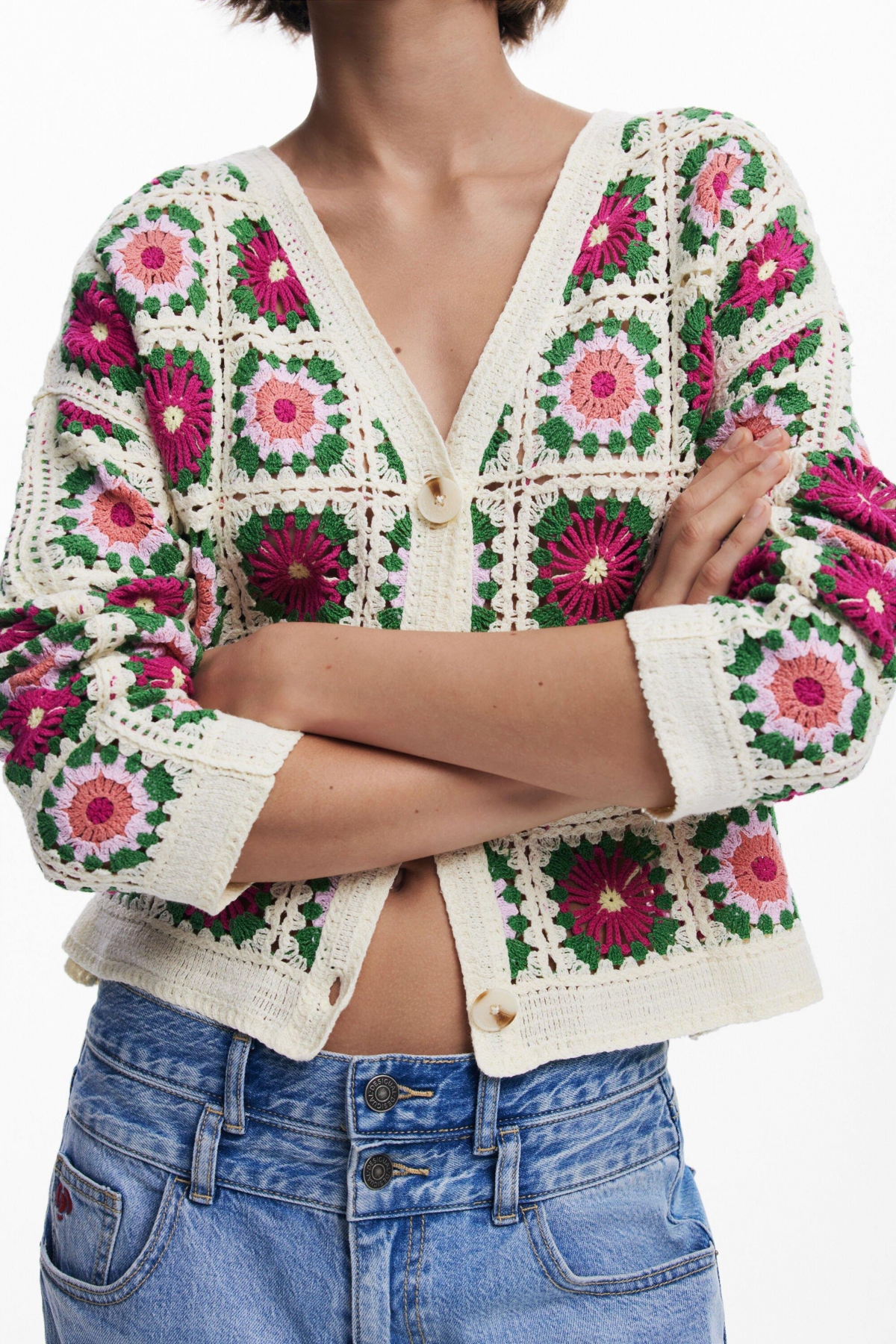 Desigual Cotton Blend Crochet Cardigan In White