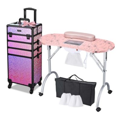 Folding Manicure Nail Table 4in1 Rolling Makeup Case Mermaid Pink