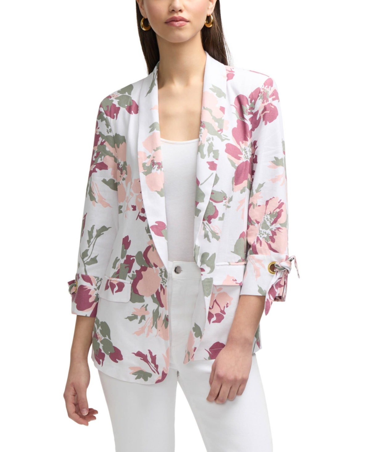 Women's Shawl Collar Blazer with Sleeve Grommet - Linen/black stripe