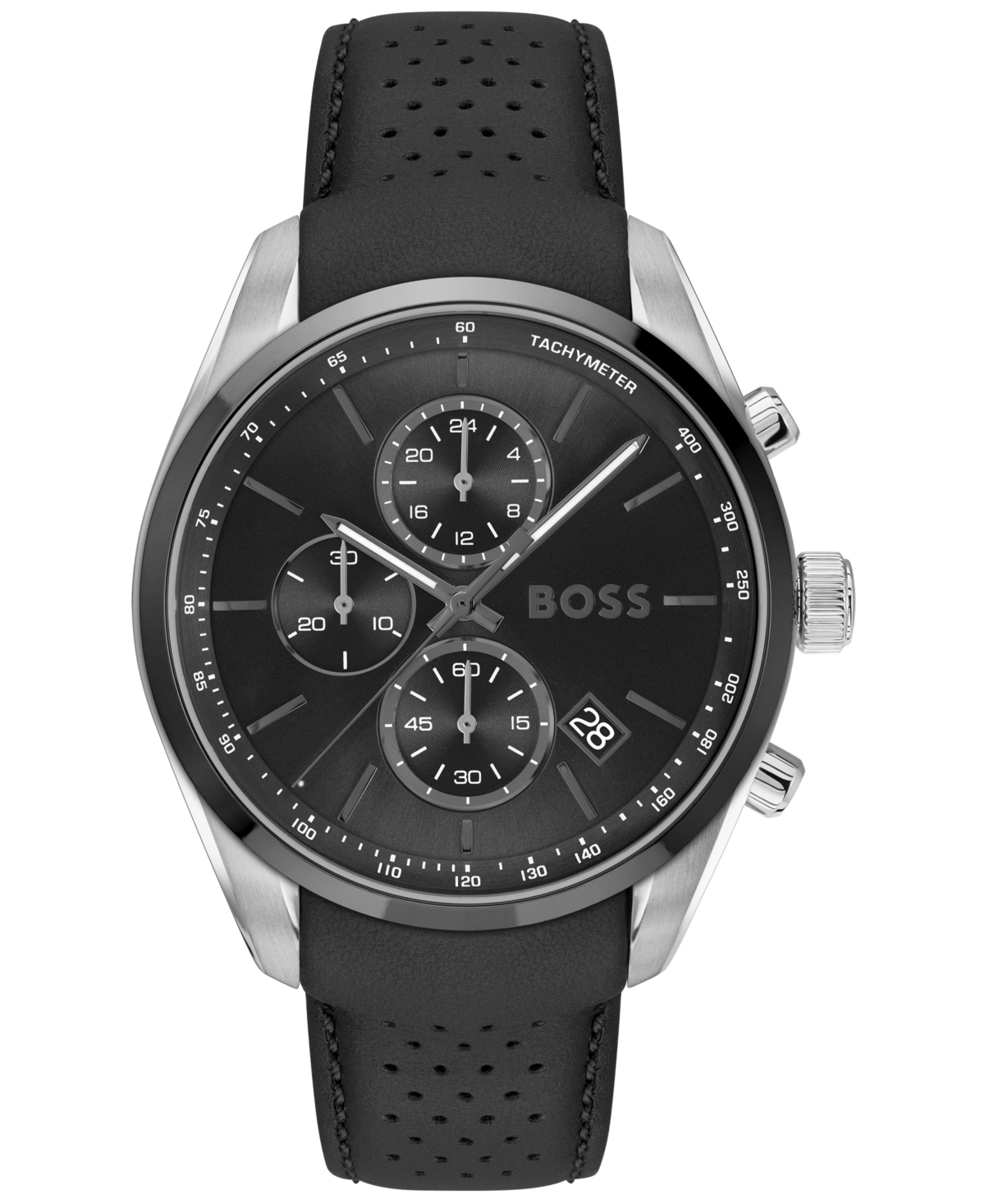 Men's Grand Prix 44 Quartz Chronograph Black Leather Watch, 44.50mm - Black
