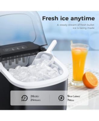Portable Ice Maker, 26 lbs/day, 9 bullet cubes in 7 mins, self-cleaning, with scoop & basket—ideal for home, office, or kitchen.