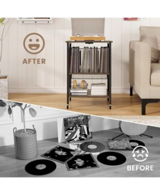 Mid-Century Record Player Stand with Charging Station and Storage Shelves