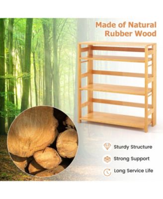 4-Tier Bookshelf Rubber Wood Bookcase with Side Fences for Living Room