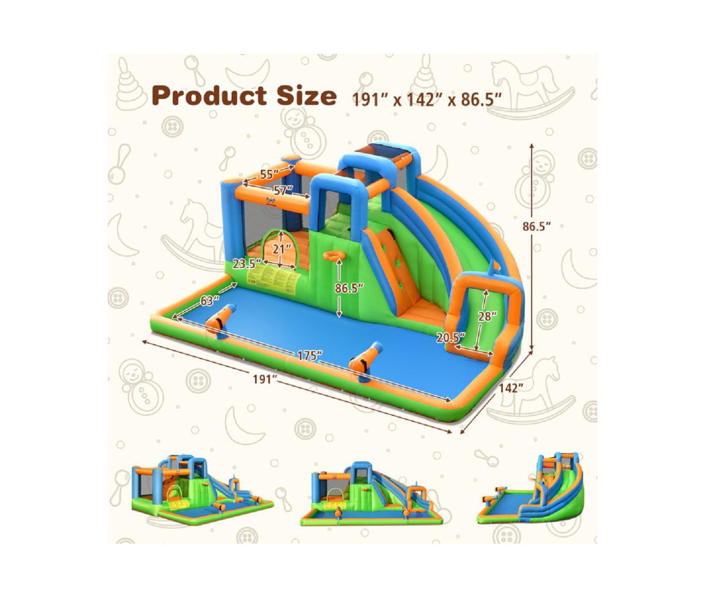 Детская игрушка Slickblue 7-in-1 Inflatable Giant Water Park Bouncer with Dual Climbing Walls and 735W Blower, цвет: Зелёный — фото 2